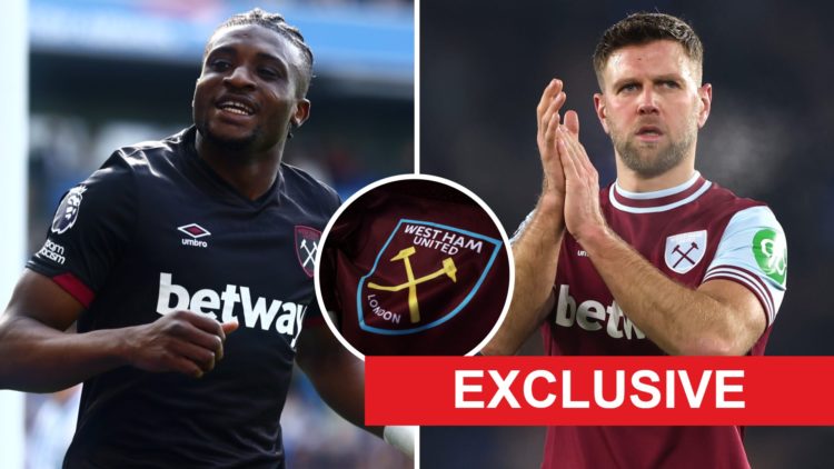 Mohammed Kudus celebrates and Niclas Fullkrug applauds West Ham fans. Inset, the West Ham flag