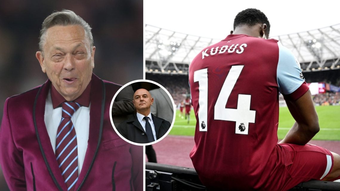 West Ham majority owner David Sullivan laughing and Mohammed Kudus does his trademark celebration. Inset, Spurs chairman Daniel Levy wears a worrie...