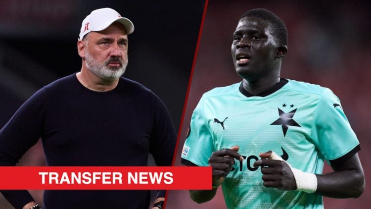 Split image showing Slavia Prague coach Jindrich Trpisovsky and West Ham target El Hadji Malick Diouf