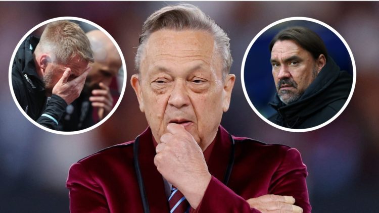 West Ham majority owner David Sullivan deep in thought. Inset, Hammers boss Graham Potter looks dejected and Leeds manager Daniel Farke focused