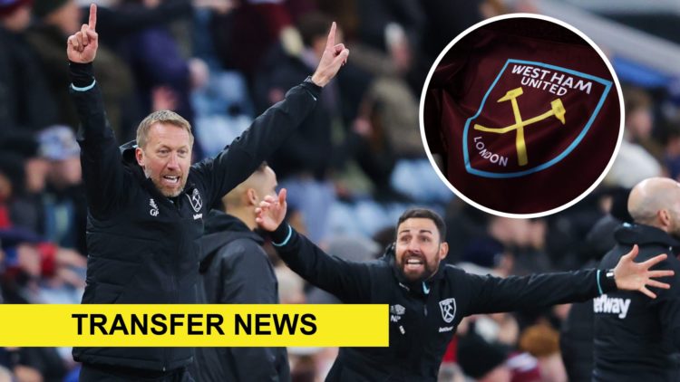 West Ham head coach Graham Potter celebrates on the touchline. Inset, the Hammers crest on a corner flag