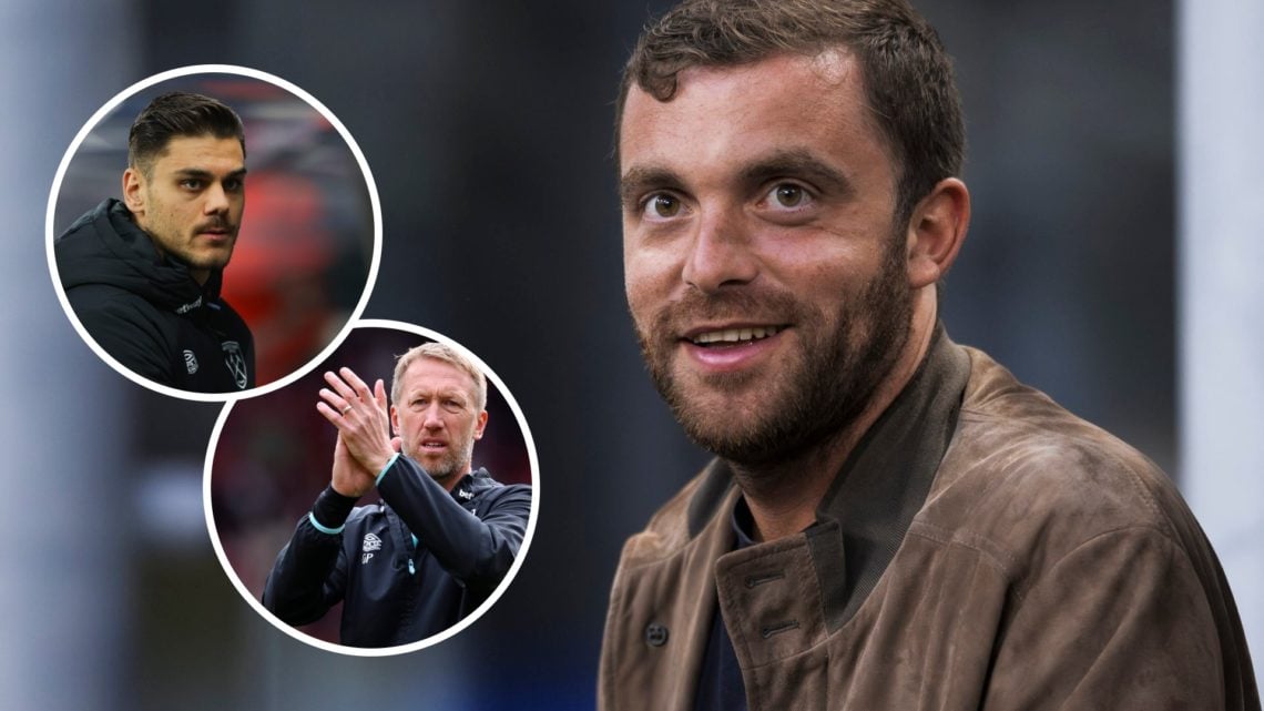 Transfer reporter Fabrizio Romano. Inset, West Ham boss Graham Potter and defender Konstantinos Mavropanos