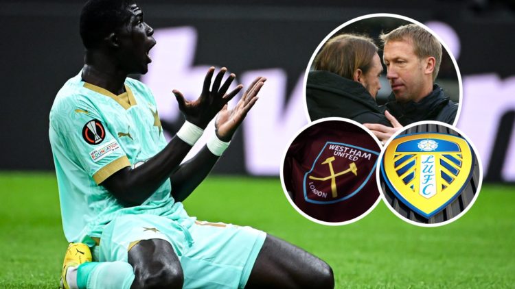 El Hadji Malick Diouf is on his knees showing his frustration. Inset, Graham Potter and Daniel Farke embrace and the Leeds and West Ham badges