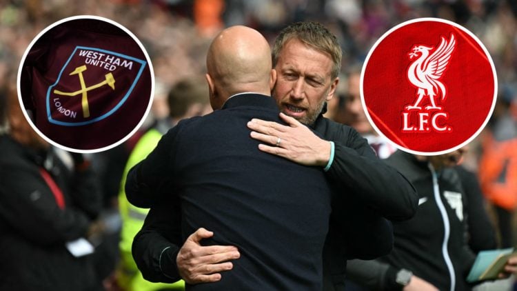 West Ham head coach Graham Potter shares a warm embrace with Liverpool manager Arne Slot. Inset, the Hammers and Reds crests