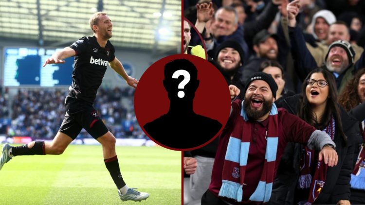 Split image showing West Ham midfielder Tomas Soucek and a photo of the Hammers fans celebrating