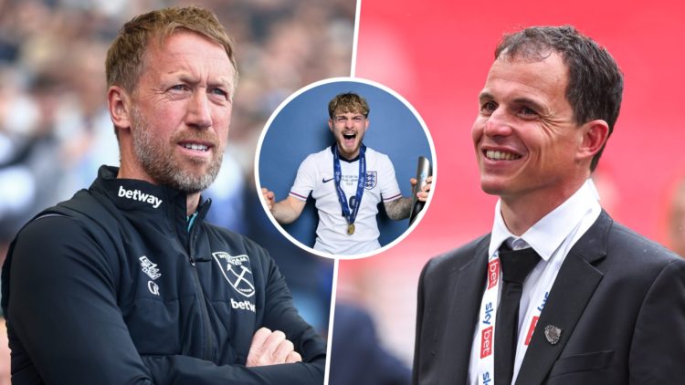 West Ham head coach Graham Potter and Sunderland boss Roger Le Bris. Inset, England Under 21 star Harvey Elliott celebrates