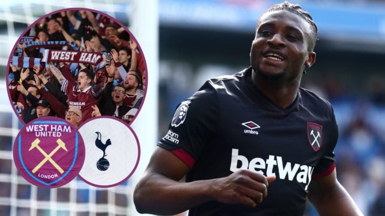 Mohammed Kudus celebrates while playing for West Ham. Inset, Hammers fans in the stands and the West Ham and Spurs badges