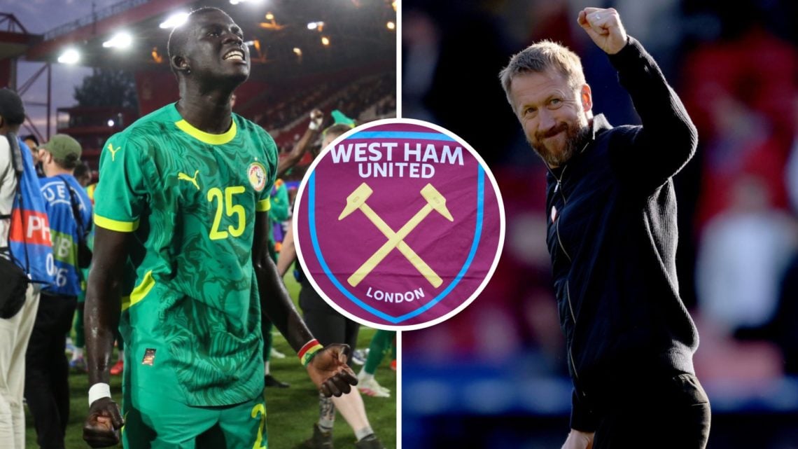 El Hadji Malick Diouf celebrates Senegal's win over England and West Ham boss Graham Potter pumps his fist in the air. Inset, the Hammers crest