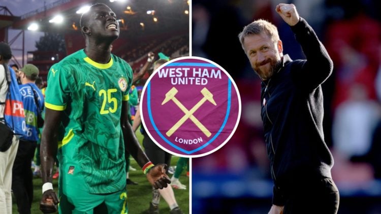 El Hadji Malick Diouf celebrates Senegal's win over England and West Ham boss Graham Potter pumps his fist in the air. Inset, the Hammers crest