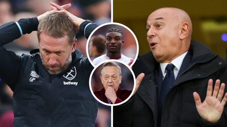 West Ham head coach Graham Potter looks dejected and Spurs chairman Daniel Levy laughs in the crowd. Inset, Mohammed Kudus and Hammers chief David ...
