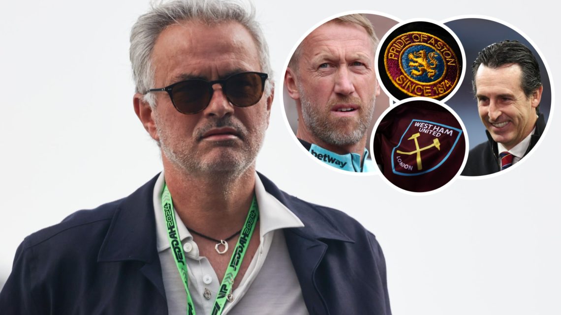 Fenerbahce boss Jose Mourinho looks focused. Inset, West Ham head coach Graham Potter, Aston Villa manager Unai Emery and the Hammers and Villa crests