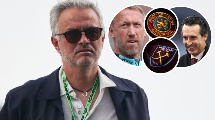 Fenerbahce boss Jose Mourinho looks focused. Inset, West Ham head coach Graham Potter, Aston Villa manager Unai Emery and the Hammers and Villa crests