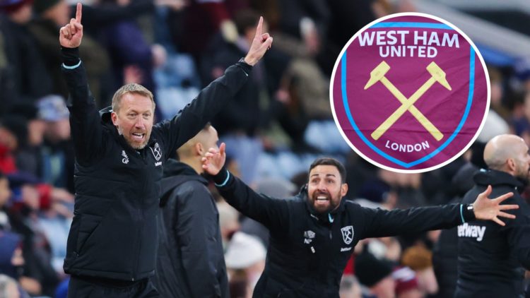 West Ham head coach Graham Potter celebrates. Inset, the Hammers badge