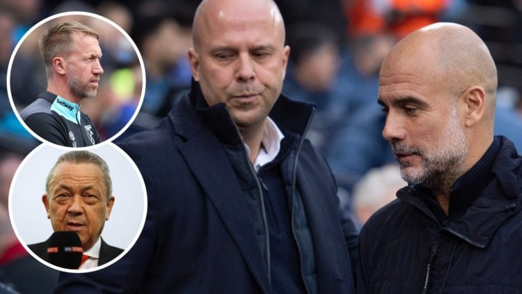 Liverpool boss Arne Slot greets Man City manager Pep Guardiola. Inset, West Ham head coach Graham Potter and the club's co-owner David Sullivan