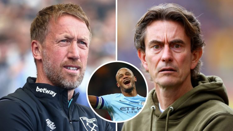 West Ham head coach Graham Potter and Thomas Frank before joining Spurs. Inset, ex Man City captain Vincent Kompany