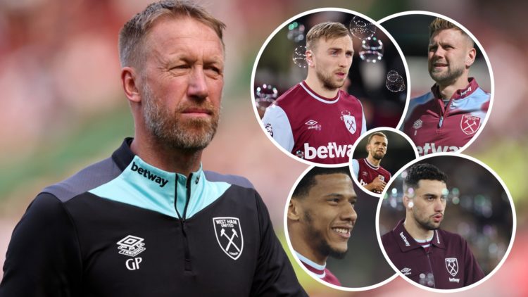 West Ham head coach Graham Potter. Inset, Hammers stars Jarrod Bowen, Niclas Fullkrug, Tomas Soucek, Jean-Clair Todibo and Max Kilman