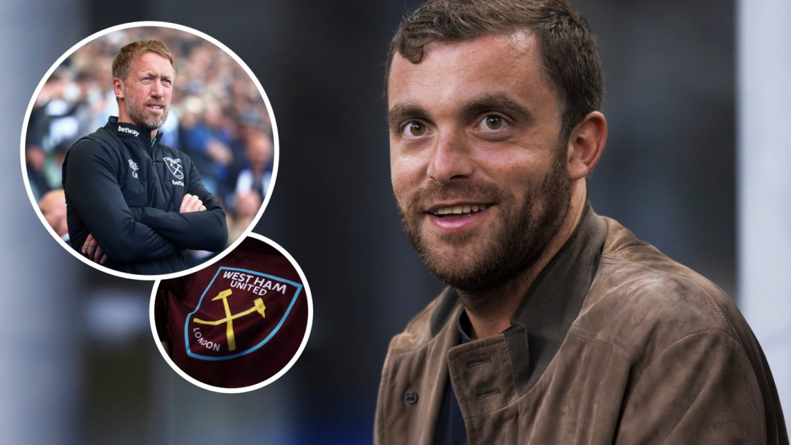 Transfer reporter Fabrizio Romano. Inset, West Ham head coach Graham Potter and the Hammers badge