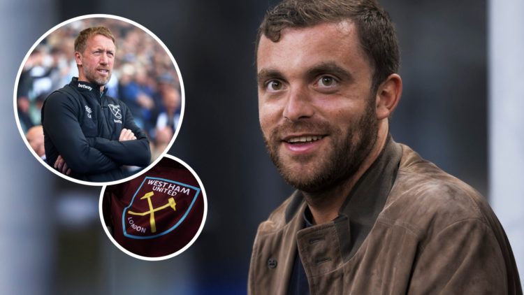 Transfer reporter Fabrizio Romano. Inset, West Ham head coach Graham Potter and the Hammers badge