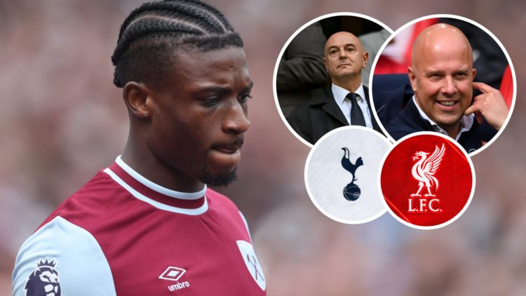 West Ham star Mohammed Kudus looks focused. Inset, Spurs chairman Daniel Levy and Liverpool boss Arne Slot watch on and the Tottenham and Liverpool...