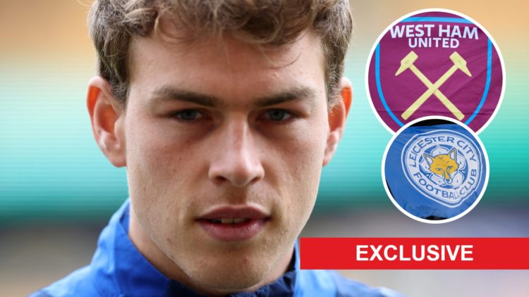 Close up of Danish goalkeeper Mads Hermansen. Inset, the West Ham and Leicester City crests