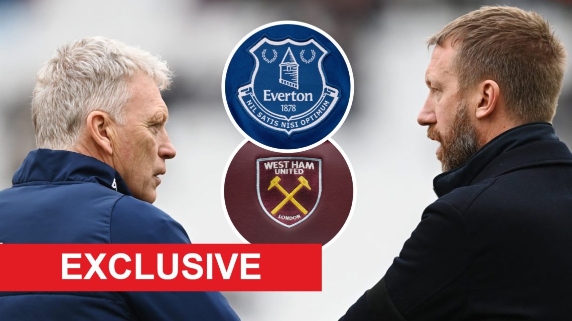 Ex West Ham and current Everton boss David Moyes speaks with Hammers head coach Graham Potter. Inset, the West Ham and Everton badges