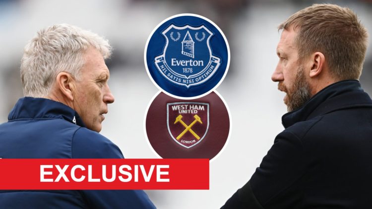 Ex West Ham and current Everton boss David Moyes speaks with Hammers head coach Graham Potter. Inset, the West Ham and Everton badges