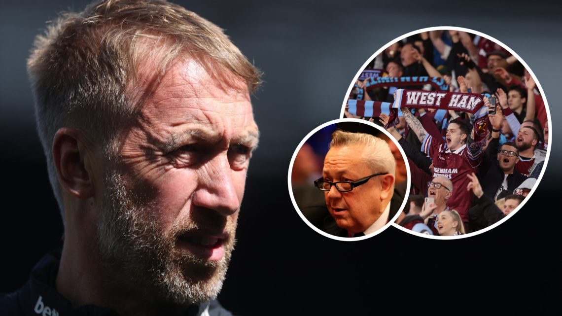 West Ham head coach Graham Potter looks on. Inset, West Ham fans and the club's majority owner David Sullivan