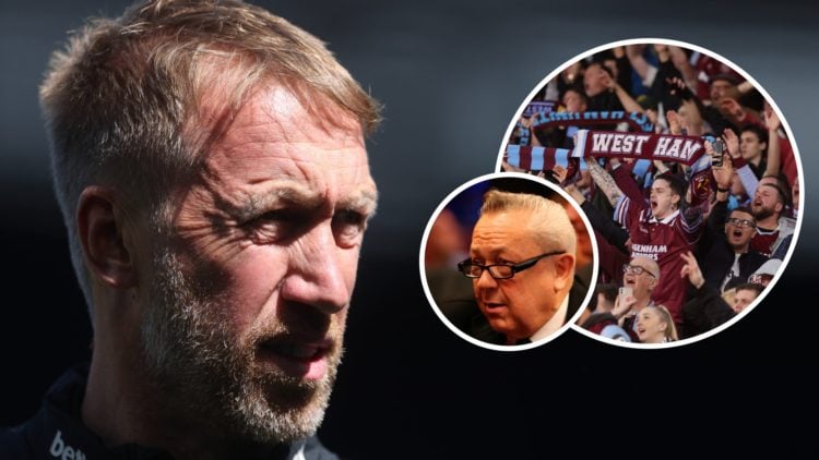 West Ham head coach Graham Potter looks on. Inset, West Ham fans and the club's majority owner David Sullivan