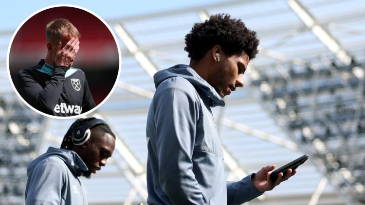 West Ham defender Jean-Clair Todibo looks at his phone on the London Stadium pitch before a game. Inset, a dejected looking Hammers boss Graham Potter