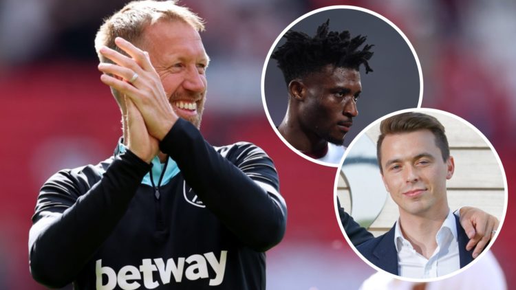 A happy West Ham head coach Graham Potter applauds. Inset, Mohammed Kudus and West Ham head of recruitment Kyle Macaulay