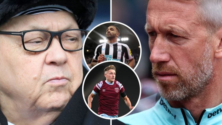 West Ham majority owner David Sullivan and head coach Graham Potter. Inset, ex Newcastle striker Callum Wilson and Hammers forward Callum Marshall
