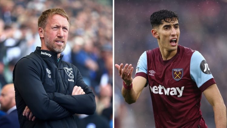 West Ham head coach Graham Potter watches on while defender Nayef Aguerd complains