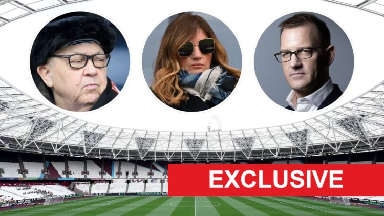 Inside West Ham's London Stadium. Inset, West Ham co-owners David Sullivan and Daniel Kretinsky either side of vice-chair Karren Brady.