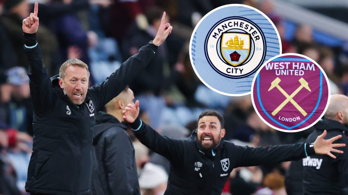 West Ham head coach Graham Potter celebrates on the touchline. Inset, the Man City and Hammers badges