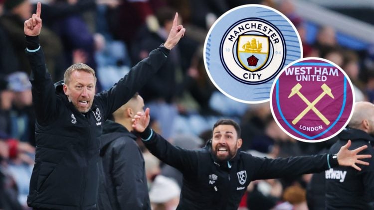 West Ham head coach Graham Potter celebrates on the touchline. Inset, the Man City and Hammers badges