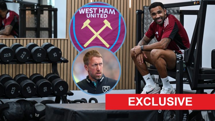 Callum Wilson in training at Newcastle United. Inset, West Ham head coach Graham Potter and the Hammers badge