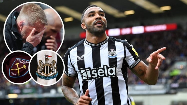 Callum Wilson celebrates scoring for Newcastle. Inset, a dejected Graham Potter and the West Ham and Newcastle crests.