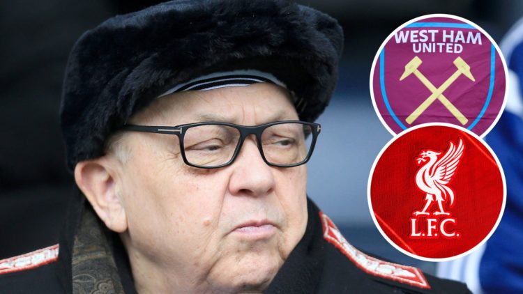 West Ham chief and de facto director of football David Sullivan. Inset, the Liverpool and Hammers badges