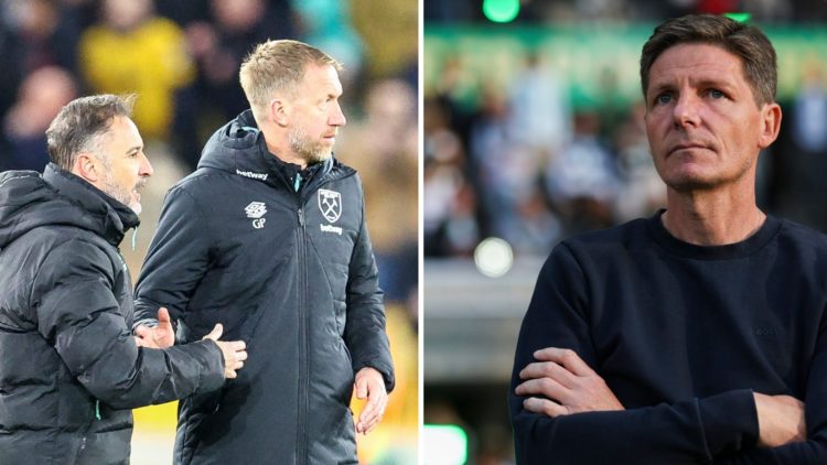 West Ham head coach Graham Potter speaks with Wolves boss Vítor Pereira and Crystal Palace manager Oliver Glasner watches on from the sidelines