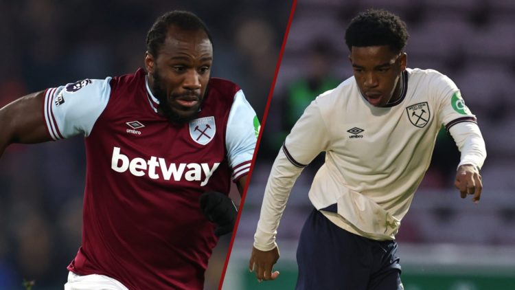 Split image showing West Ham legend Michail Antonio and young forward Elisha Sowunmi