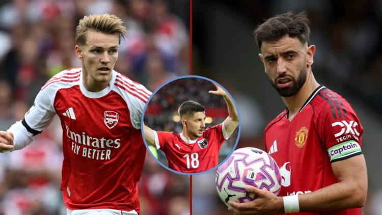 Left image, Martin Odegaard of Arsenal during the Premier League match between Arsenal and Leeds United at Emirates Stadium on August 23, 2025 in L...