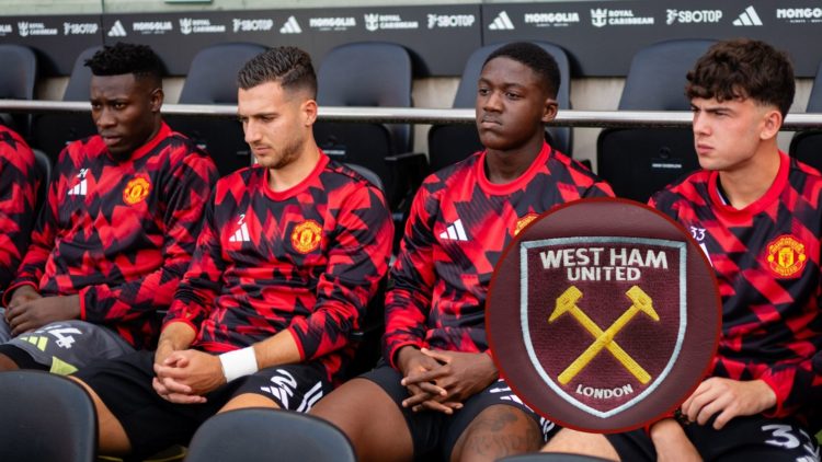Main image, Harry Maguire, Andre Onana, Diogo Dalot, Kobbie Mainoo and Tyler Fredricson of Manchester United watch from the dugout during the Premi...