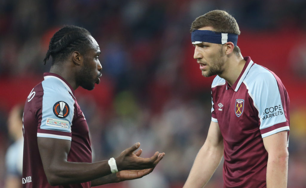 Two of West Ham's heroes of Sevilla Tomas Soucek and Michail Antonio talk tactics during the memorable clash