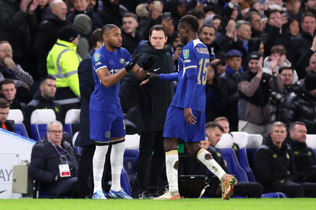 Christopher Nkunku replaces Nicolas Jackson during Chelsea v Newcastle United - Carabao Cup Quarter Final