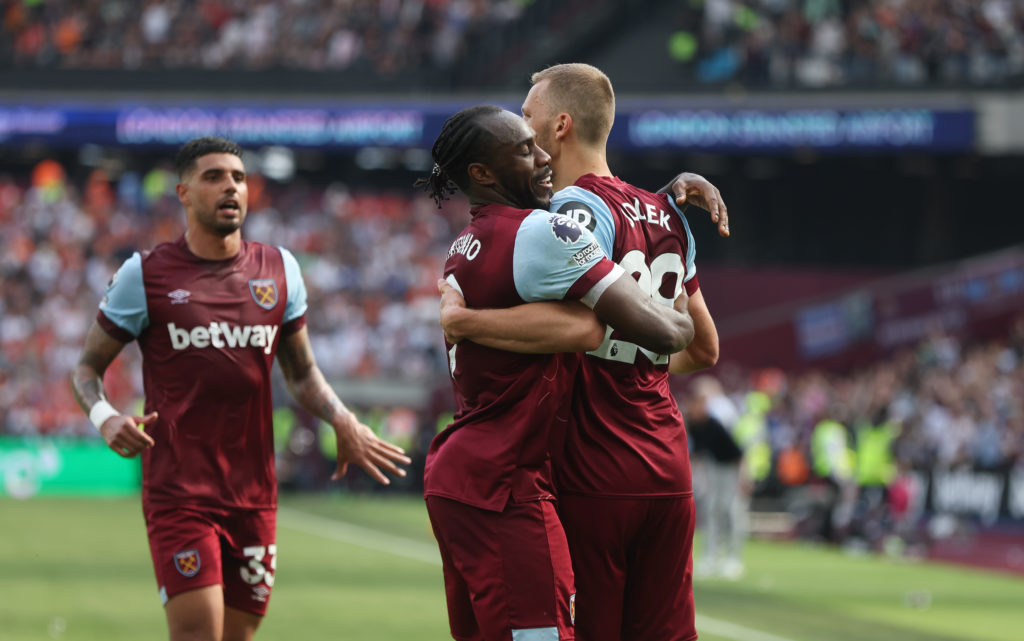 Tomas Soucek and Michail Antonio celebrate a West Ham goal together