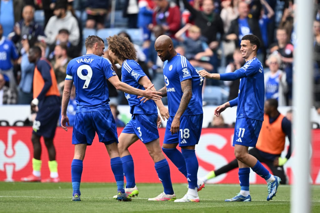 Bilal El Khannouss and Jamie Vardy celebrate during Leicester City FC v Southampton FC - Premier League
