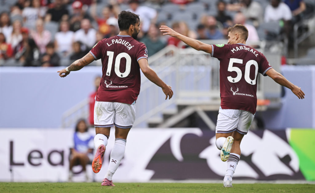 Brazil midfielder Lucas Paqueta and Northern Ireland striker Callum M arshall celebratea West Ham goal