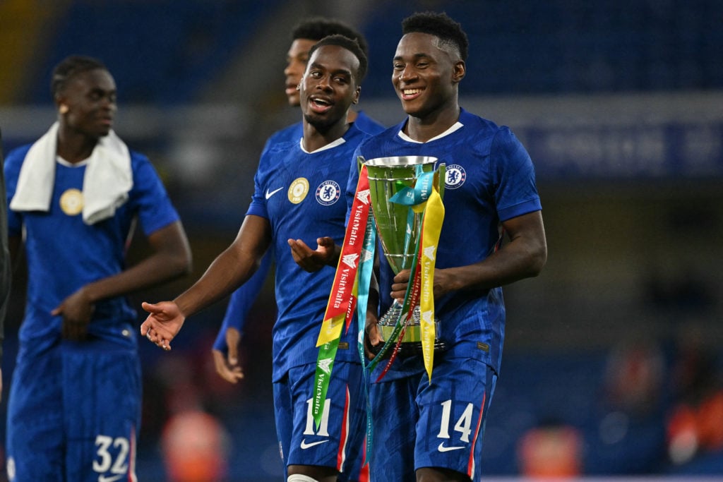 Chelsea midfielder Dario Essugo celebrates after beating Bayer Leverkusen in pre-season