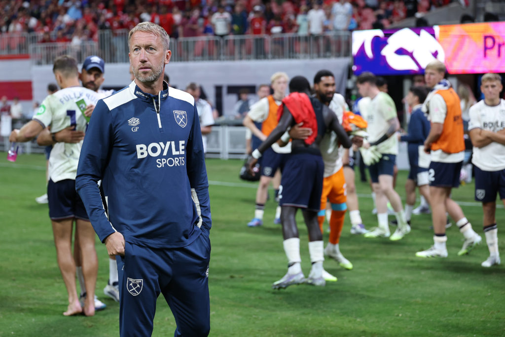 Graham Potter on the pitch with his West Ham players after the pre-season friendly win over Bournemouth in the USA
