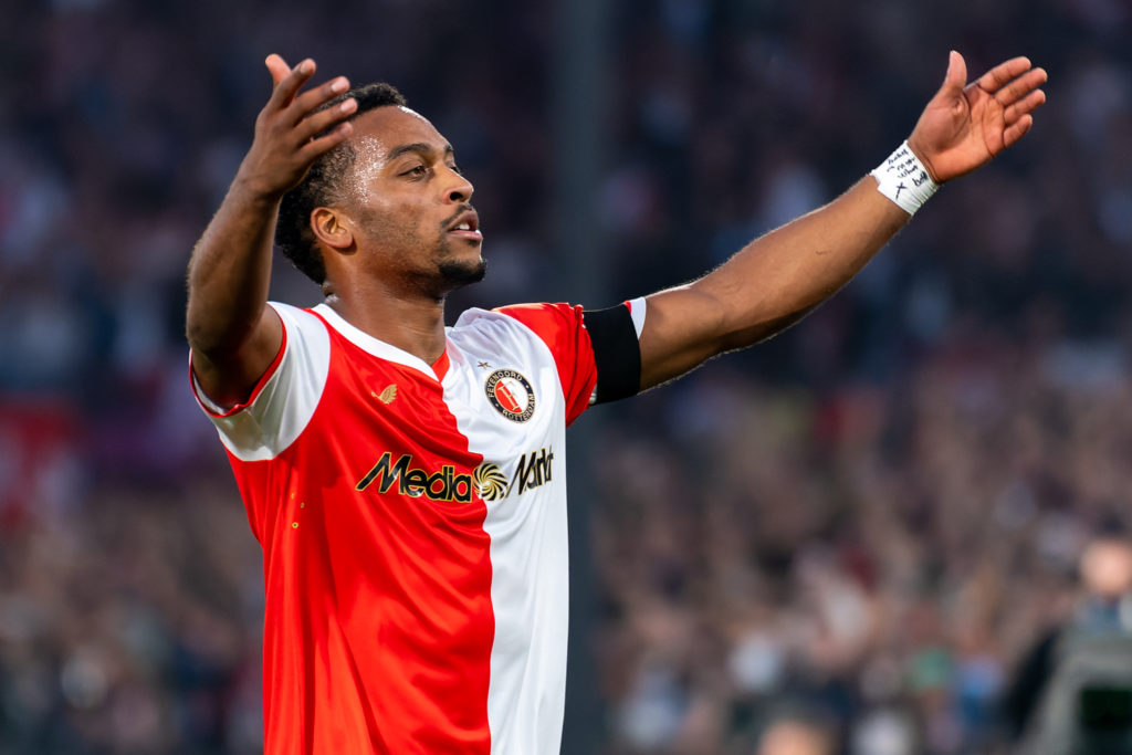 Quinten Timber celebrates during Feyenoord v Fenerbahce - UEFA Champions League Third Qualifying Round First Leg